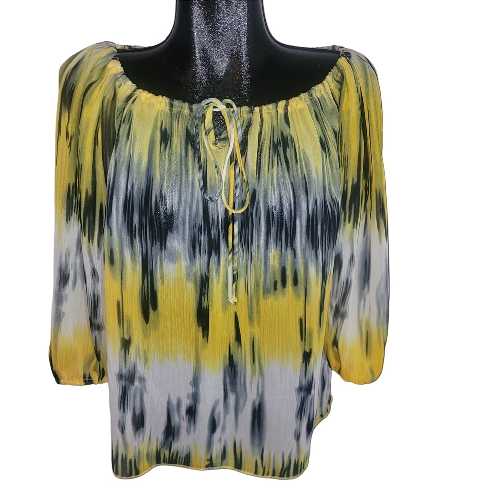 Libra Yellow and Black Semi Sheer Long Sleeve Blouse Size L